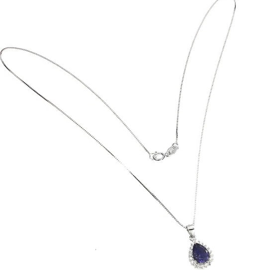 Natural Unheated Iolite and AAA White Cubic Zirconia Gemstone Solid .925 Silver Necklace - BELLADONNA