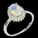 Natural Unheated Blue Schiller Moonstone, White Cubic Zirconia Solid .925 Silver Ring Size 7 or O - BELLADONNA