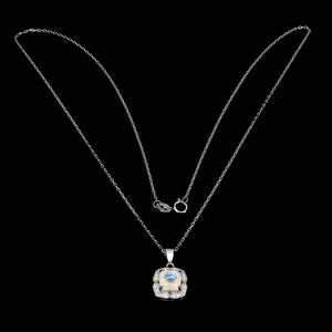 Natural Unheated Blue Schiller Moonstone, White Cubic Zirconia Solid .925 Silver Fine Necklace - BELLADONNA