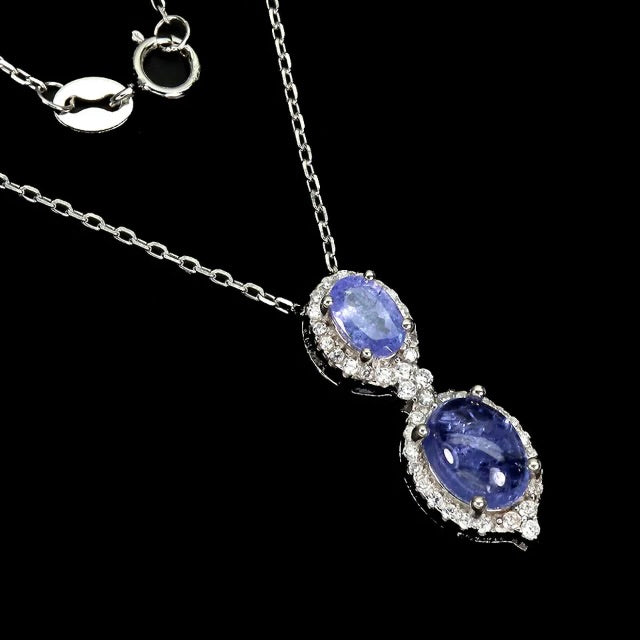 Deluxe Natural Unheated Tanzanite and White CZ Gemstone Solid .925 Silver & White Gold Necklace - BELLADONNA