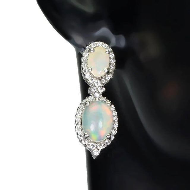 Deluxe Natural Unheated Fire Opal and White Cubic Zirconia Gemstone 925 Sterling Silver Earrings - BELLADONNA