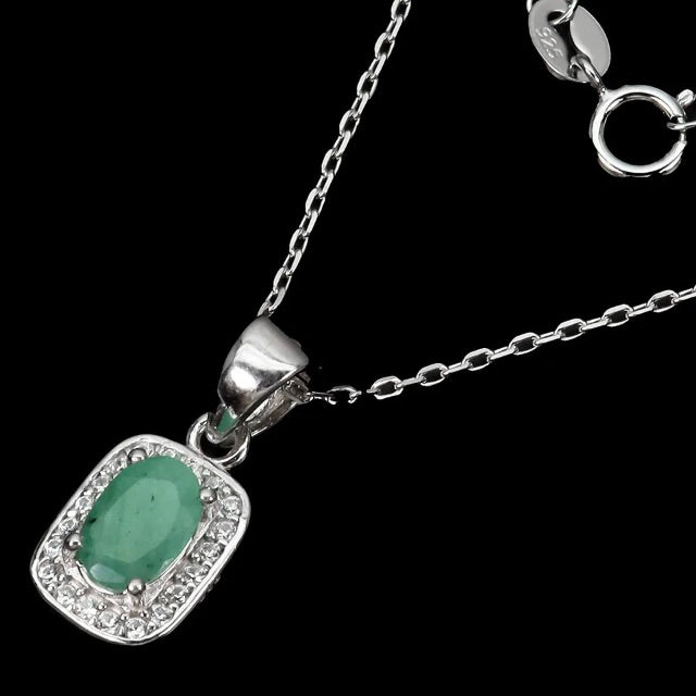 Natural Unheated Brazilian Emerald Solid .925 Sterling Silver 14k White Gold Necklace - BELLADONNA