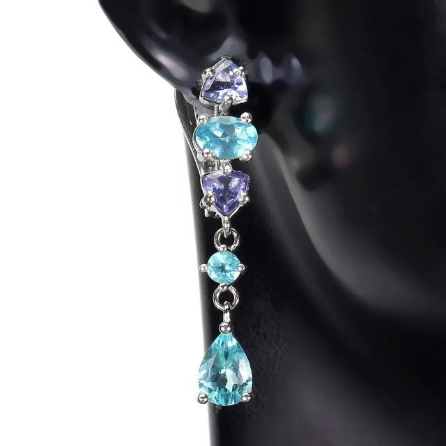Rare Natural Unheated Tanzanite and Apatite Solid .925 Silver & White Gold Earrings - BELLADONNA