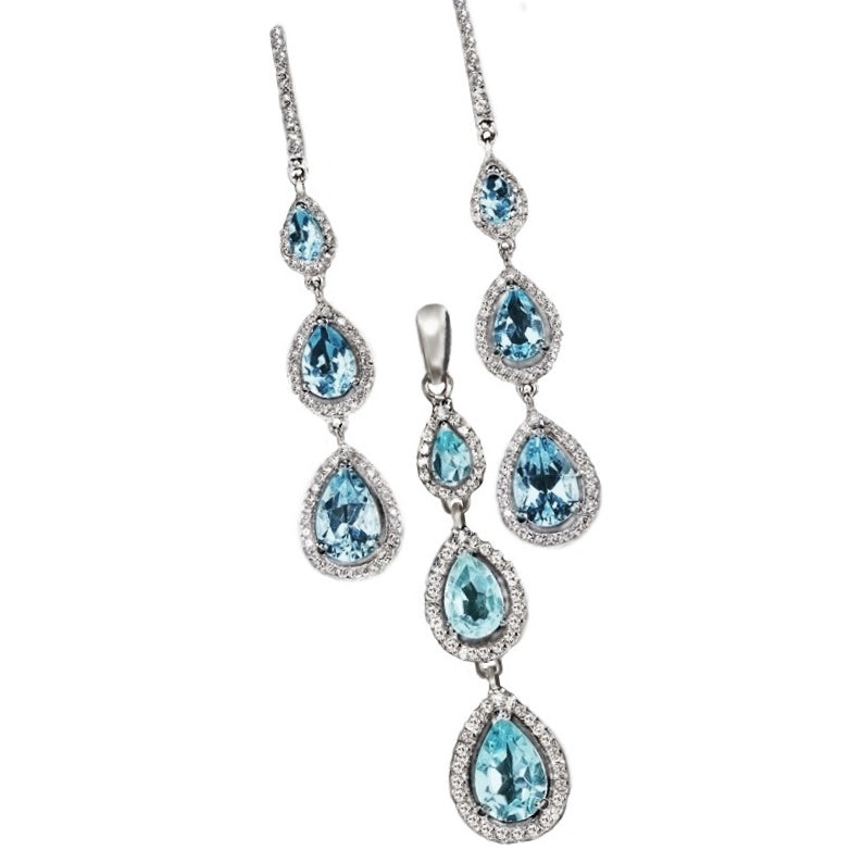 Authentic Natural AAA Sky Blue Topaz, White Cubic Zirconia Solid .925 Sterling Silver Set - BELLADONNA