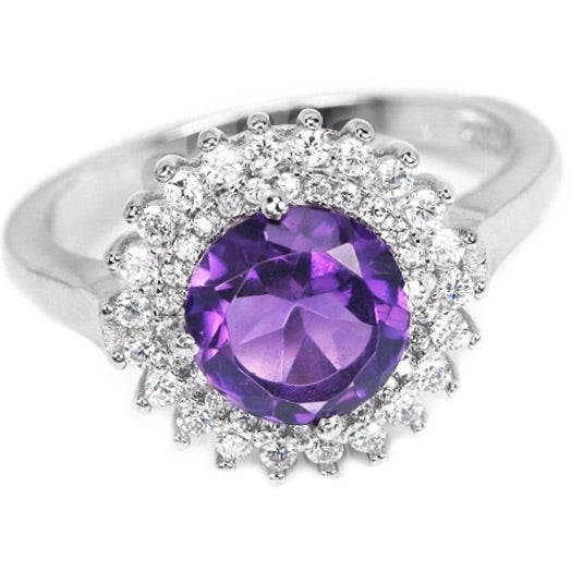 Natural Round Portuguese Cut Purple Amethyst,White Cz Solid .925 Silver Ring Size 8 or Q - BELLADONNA