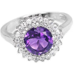 Natural Round Portuguese Cut Purple Amethyst,White Cz Solid .925 Silver Ring Size 8 or Q - BELLADONNA