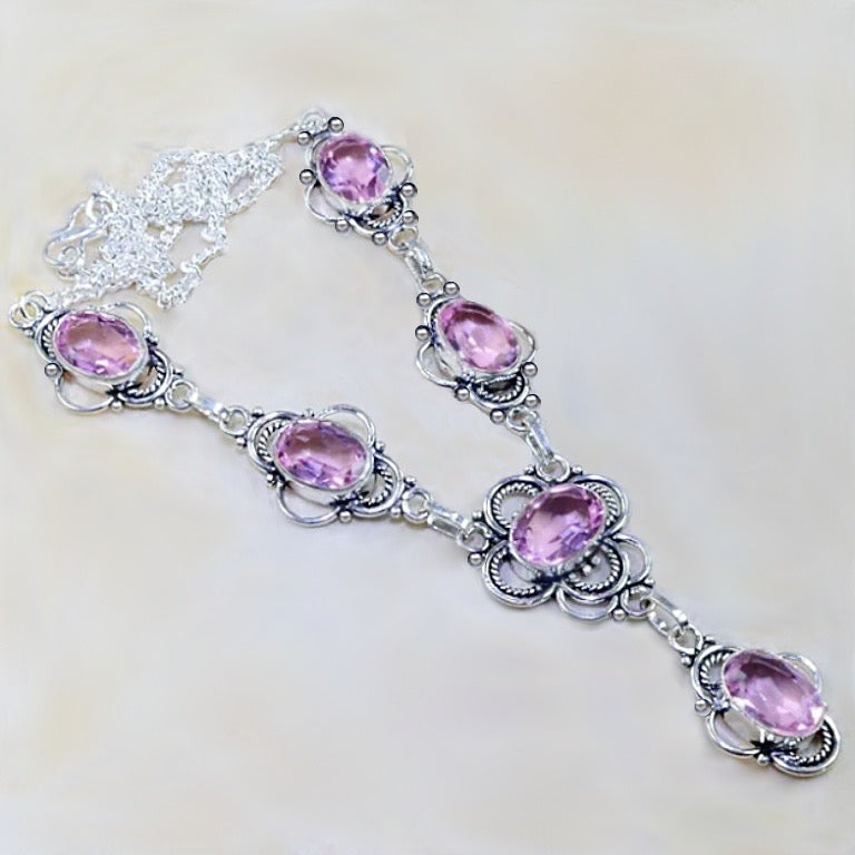 Victorian Inspired Pink Topaz Gemstone .925 Silver Necklace - BELLADONNA