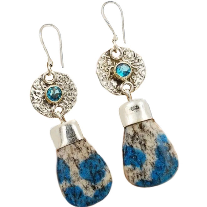 Natural K2 Granite with Blue Azurite and Blue Topaz Gemstone Solid .925 Silver Fine Earrings - BELLADONNA