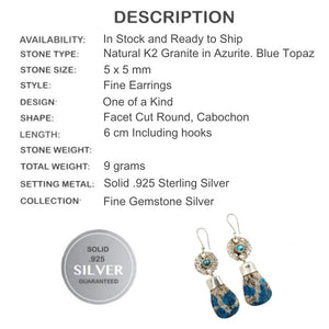 Natural K2 Granite with Blue Azurite and Blue Topaz Gemstone Solid .925 Silver Fine Earrings - BELLADONNA
