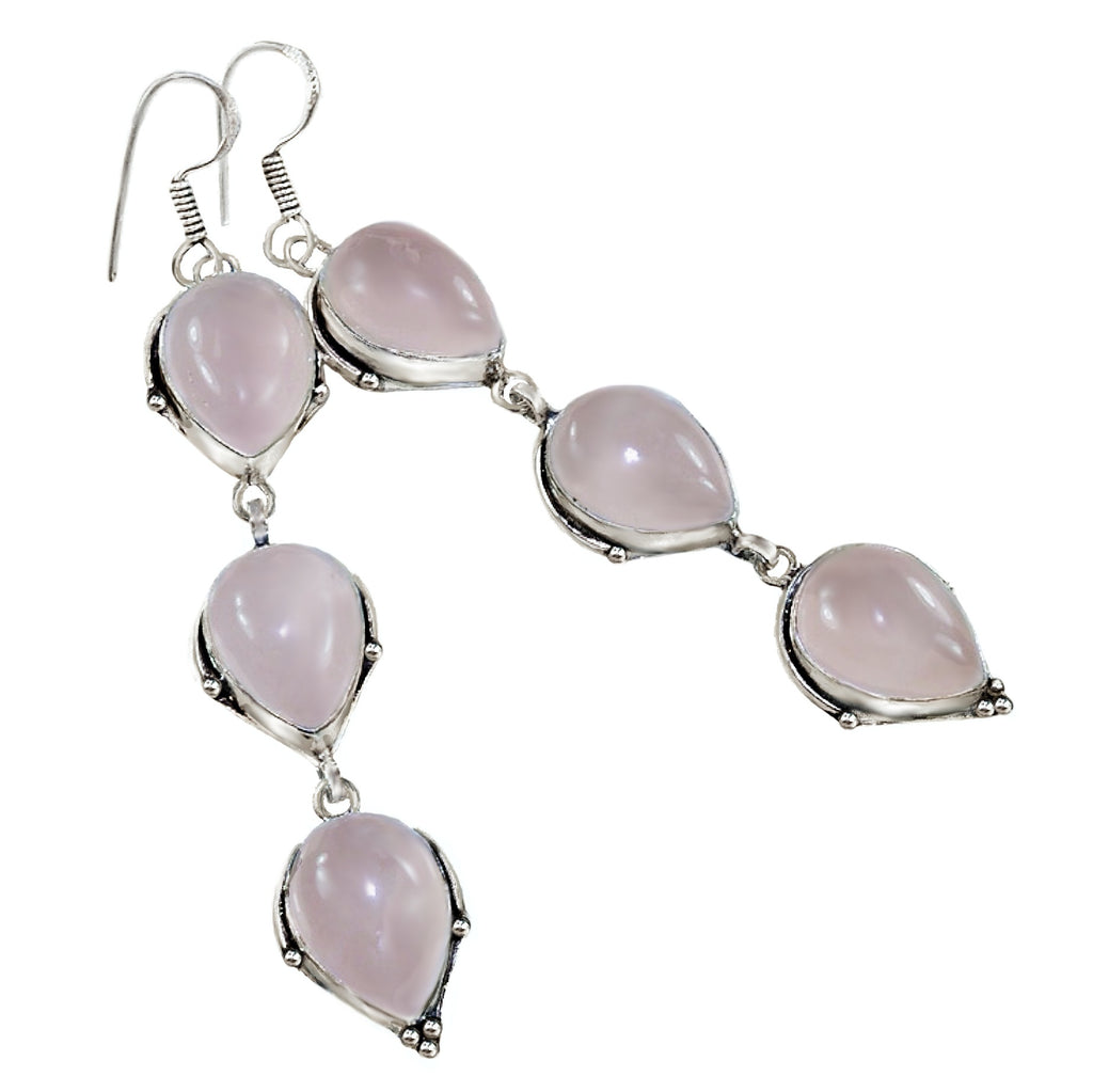Natural Pink Rose Quartz Long Dangle Earrings .925 Silver - BELLADONNA