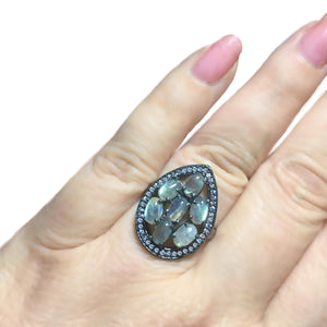 Natural Unheated Labradorite , White Cubic Zirconia Solid .925 Sterling Silver Ring Size US 8 or Q - BELLADONNA