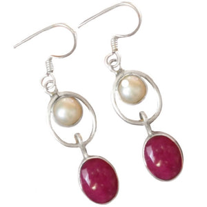 Natural Indian Ruby, Pearl Gemstone Solid .925 Sterling Silver Earrings - BELLADONNA
