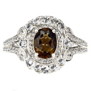 23.80 Ct Natural Unheated Smoky Topaz, White Topaz Solid .925 Sterling Silver Ring 9 - BELLADONNA