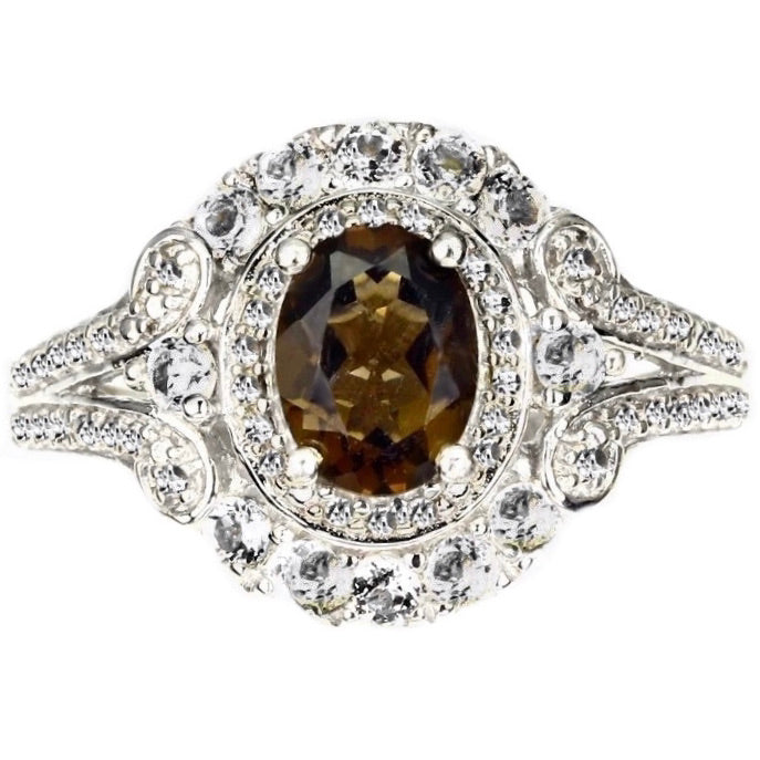 24 ct Natural Unheated Smoky Topaz, White Topaz Solid .925 Sterling Silver 14K White Gold Ring 9 - BELLADONNA
