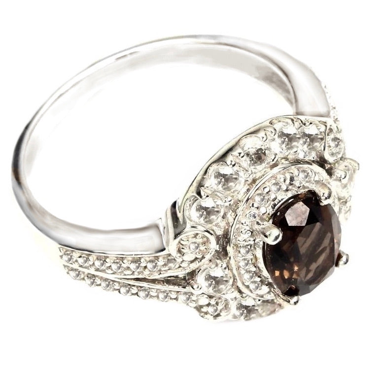 23.80 Ct Natural Unheated Smoky Topaz, White Topaz Solid .925 Sterling Silver Ring 9 - BELLADONNA