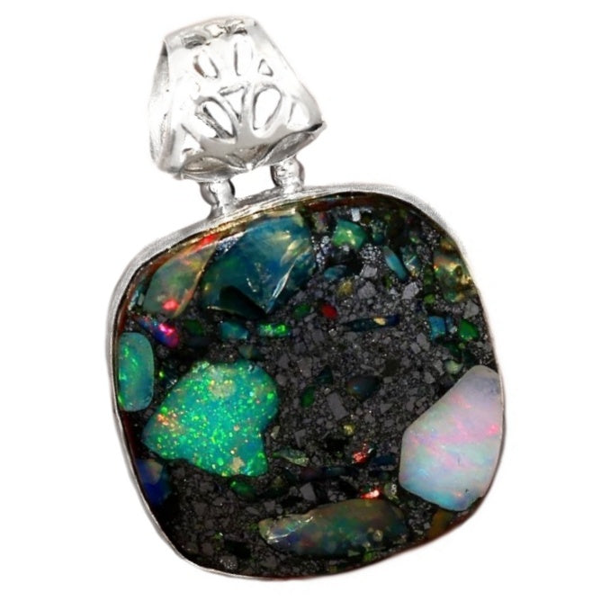 Natural Ethiopian Fire Opal in Pyrite Solid.925 Sterling Silver Pendant - BELLADONNA