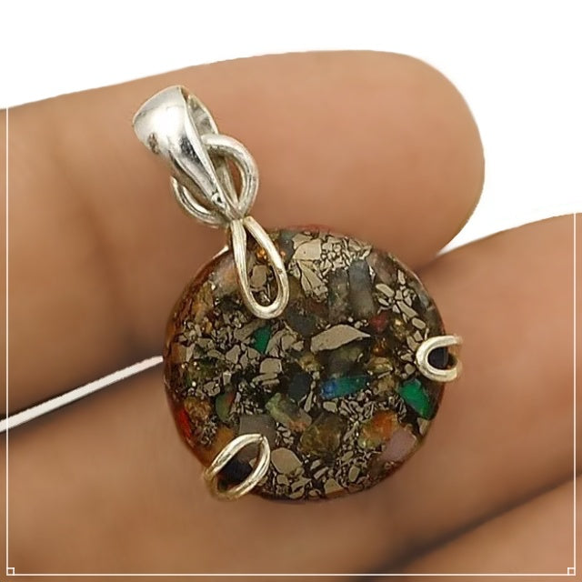 15 cts Natural Ethiopian Fire Opal in Pyrite Solid.925 Sterling Silver Pendant - BELLADONNA