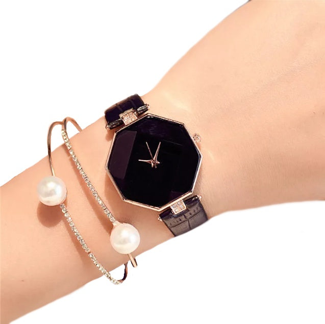 Attractive Black and Gold Geometrical Analog Quartz Watch With Black Leather Strap - BELLADONNA