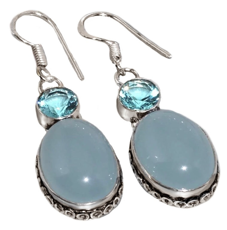 Blue Chalcedony Oval , Blue Topaz Gemstone,.925 Sterling Silver Earrings - BELLADONNA
