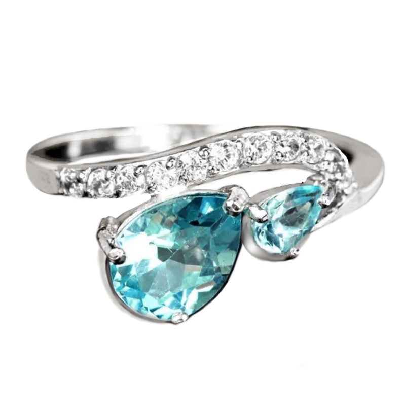 Natural Unheated Blue Topaz, White Cubic Zirconia Gemstone Solid .925 Silver Ring Size 7.25 - BELLADONNA