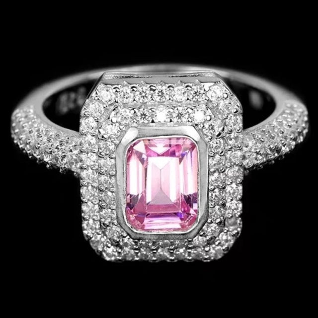 Emerald Cut Pink Sapphire and White Cubic Zirconia Solid .925 Sterling Silver Ring Size 7 - BELLADONNA