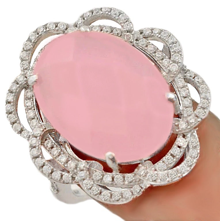 15.68 cts Pink Chalcedony, White Topaz Solid.925 Sterling Silver Ring Size 8 - BELLADONNA