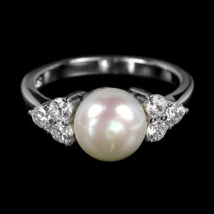Natural Unheated White Pearl, White Cz Solid .925 Silver Size US 6 - BELLADONNA