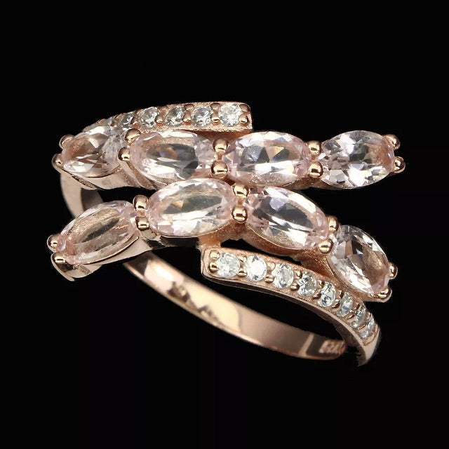 Deluxe Rose Gold Natural Morganite White Cubic Zirconia Solid .925 Sterling Silver Ring Size 9 - BELLADONNA
