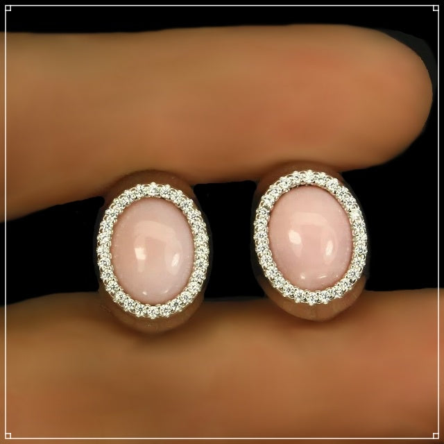 Earth Mined Ethiopian Pink Opal, Diamond Cut White Zirconia Solid .925 Silver 14K White Gold Earrings - BELLADONNA