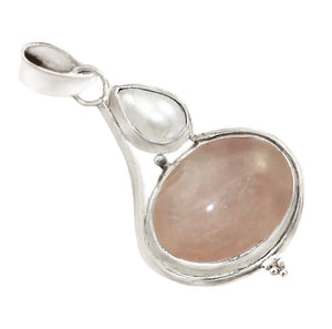 Natural Rose Quartz,Pearl Solid.925 Sterling Silver Pendant - BELLADONNA