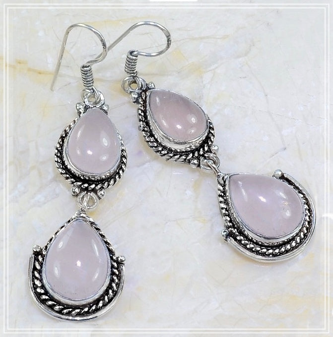 Handmade Soft Pink Rose Quartz Pears .925 Silver Earrings - BELLADONNA