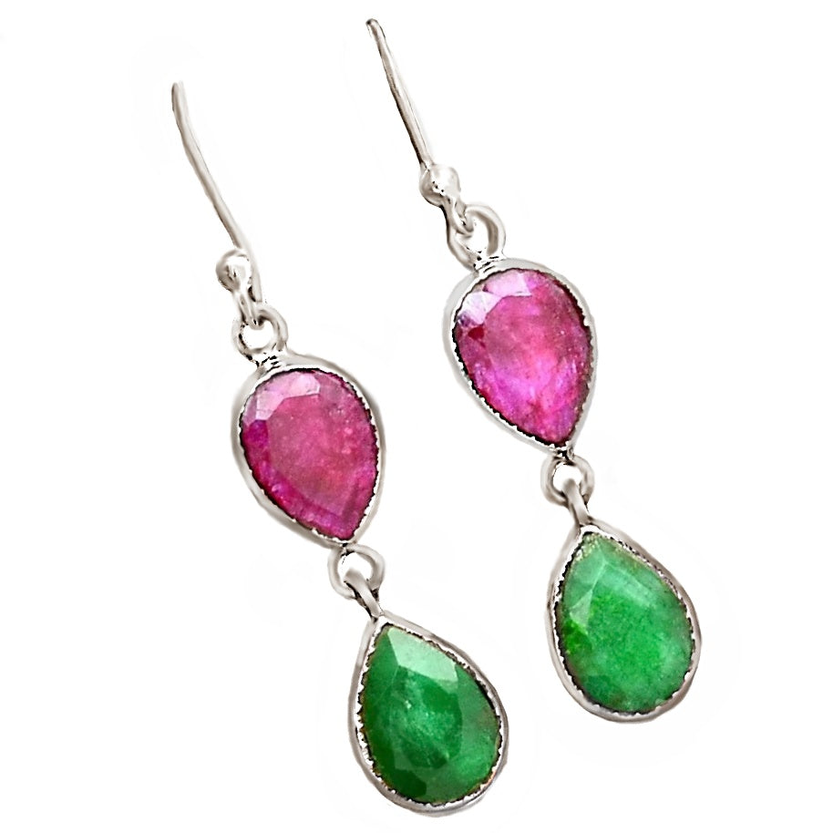 Faceted Red Ruby and Emerald Pears Gemstone Solid .925 Sterling Silver Earrings - BELLADONNA
