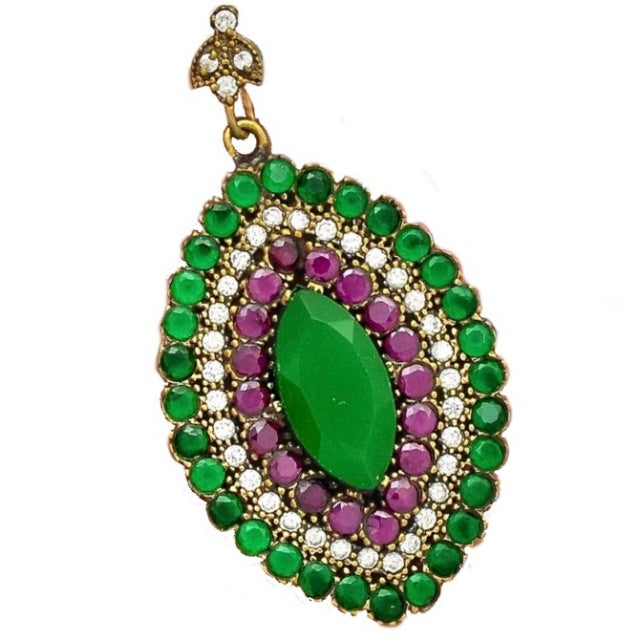 Istanbul Two Tone Turkish Emerald, Ruby, White Topaz Gemstone In Solid .925 Sterling Silver Pendant - BELLADONNA