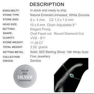 Earth mined Zambian Emerald ,White CZ Gemstone In Solid .925 Silver Bracelet - BELLADONNA