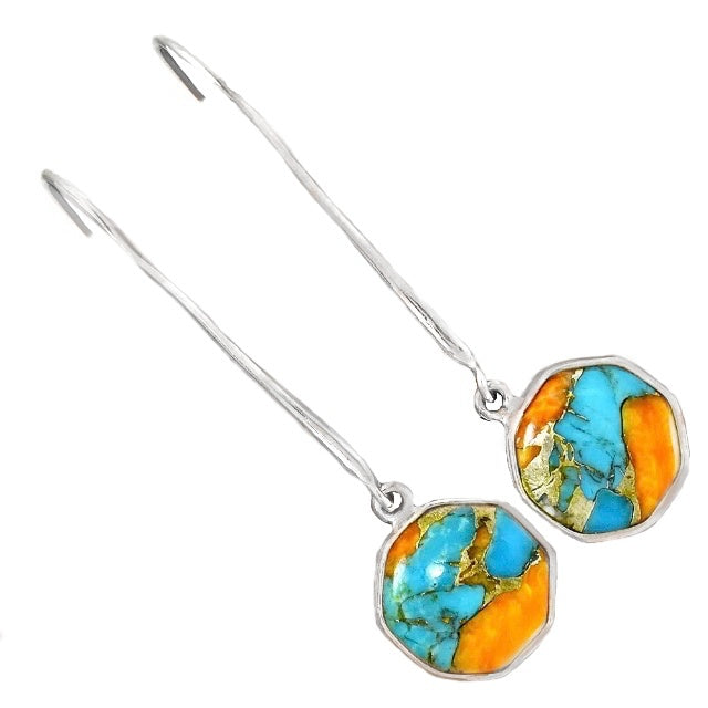 Natural Spiny Oyster Arizona Turquoise, Fire Opal Solid .925 Sterling Silver Earrings - BELLADONNA