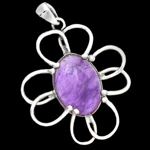 Natural Purple Amethyst Gemstone Whimsical Floral Solid .925 Silver Pendant - BELLADONNA
