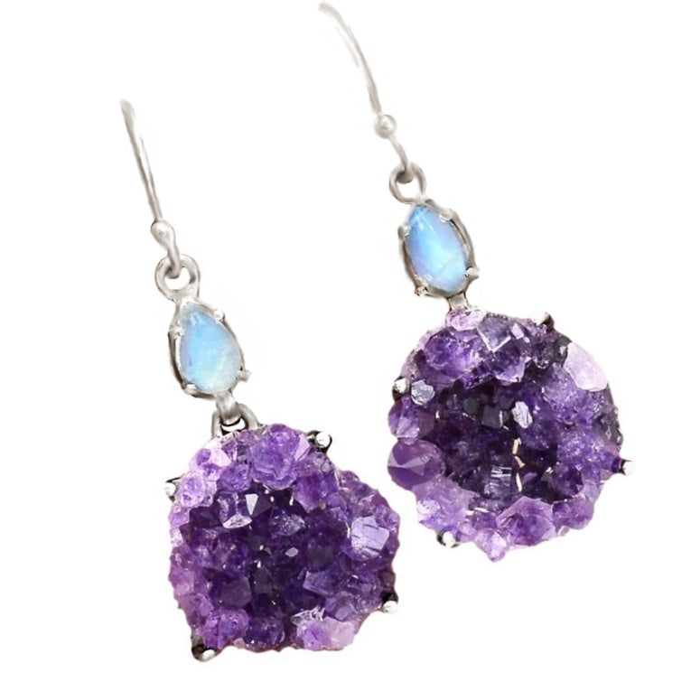 Natural Purple Amethyst Druzy, Moonstone Gemstone Solid .925 Silver Earrings - BELLADONNA