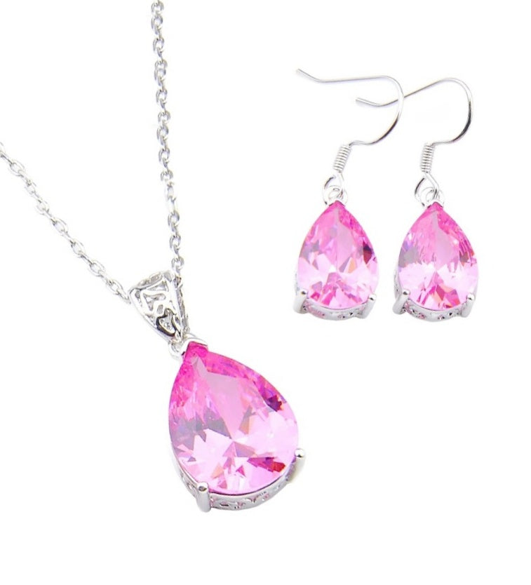 Pink Topaz Pear Shape Silver Fashion Necklace and Earrings Set - BELLADONNA