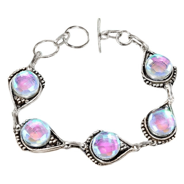Aqua Pink Rainbow Mystic Topaz Gemstone .925 Sterling Silver Bracelet - BELLADONNA
