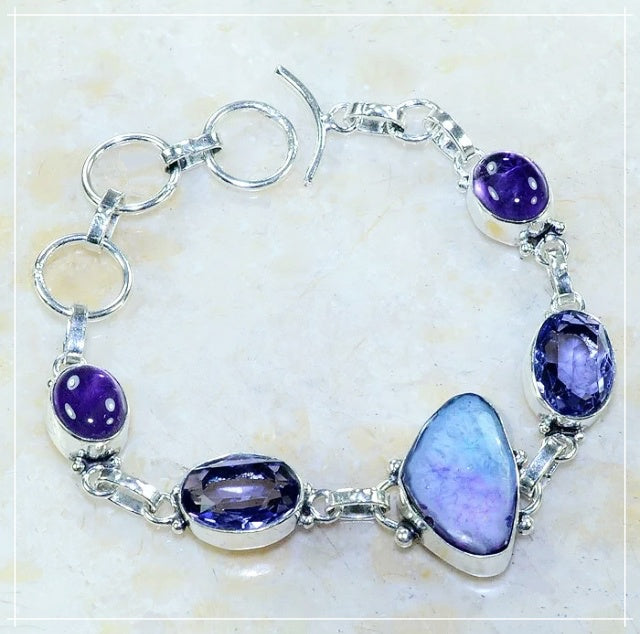 Handmade Lilac Blue Drusy Agate, Purple Amethyst Gemstone .925 Silver Bracelet - BELLADONNA