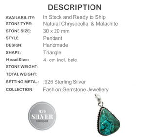 Natural Chrysocolla Malachite Gemstone . 925 Sterling Silver Pendant - BELLADONNA