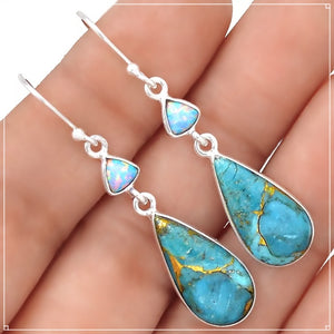 Natural Copper Turquoise, Fire opal Gemstone .925 Sterling Silver Earrings - BELLADONNA