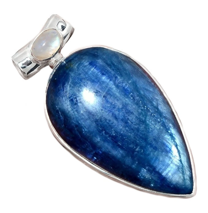 Natural Blue Kyanite, Rainbow Moonstone Gemstone Solid .925 Sterling Silver Pendant - BELLADONNA