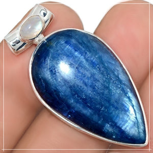 Natural Blue Kyanite, Rainbow Moonstone Gemstone Solid .925 Sterling Silver Pendant - BELLADONNA