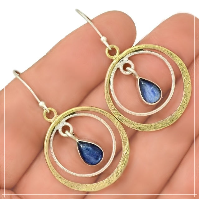 Two Tone Natural Blue Kyanite Gemstone Solid .925 Sterling Silver Earrings - BELLADONNA