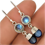 Natural Blue Kyanite , Rainbow Moonstone Gemstone Solid .925 Sterling Silver Earrings - BELLADONNA