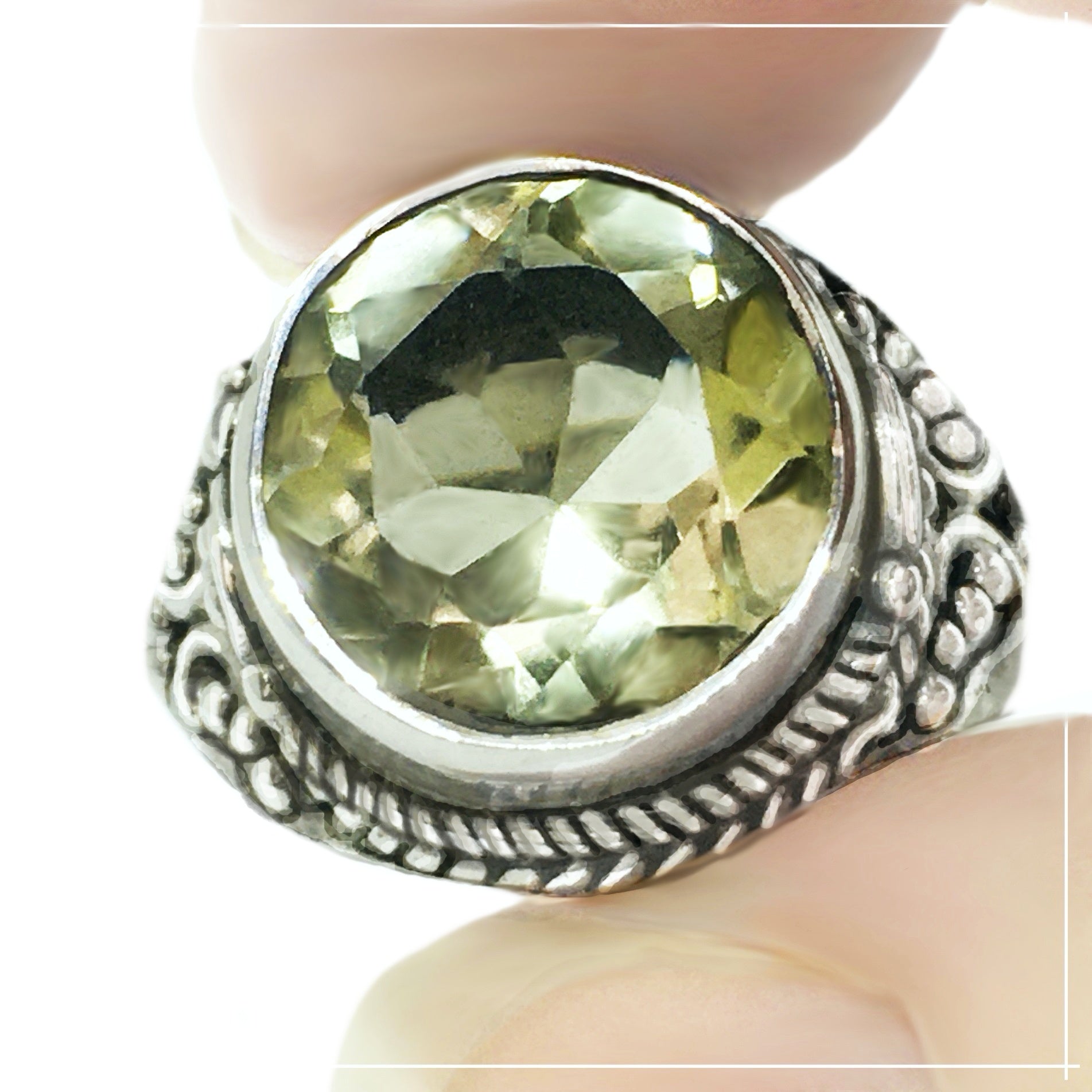 Natural Green Amethyst Gemstone .Solid 925 Silver Ring Size 8 or Q - BELLADONNA
