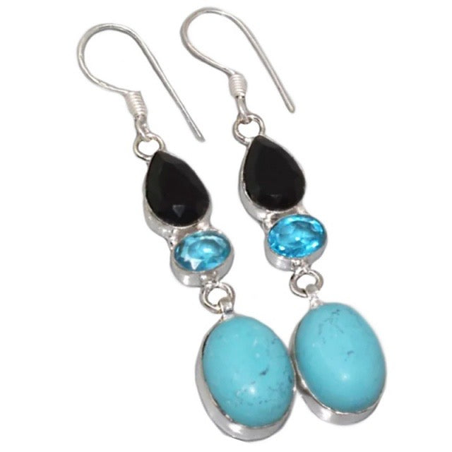 Black Onyx, Blue Topaz, Turquoise Gemstone .925 Sterling Silver Earrings - BELLADONNA
