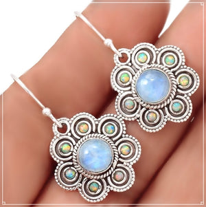 Natural Rainbow Moonstone, Fire Opal Gemstone Solid .925 Sterling Silver Earrings - BELLADONNA
