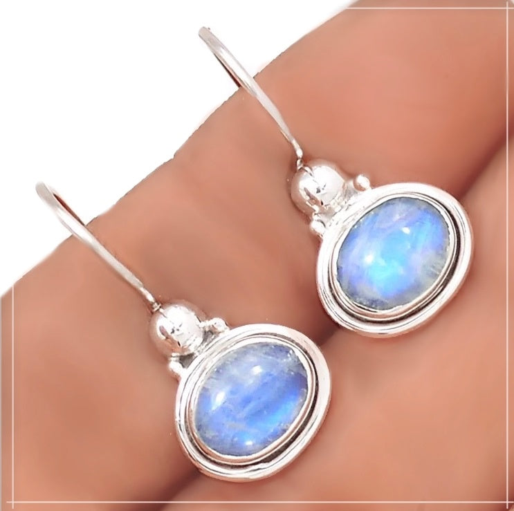 Natural Rainbow Moonstone Oval Gemstone Solid .925 Sterling Silver Earrings - BELLADONNA